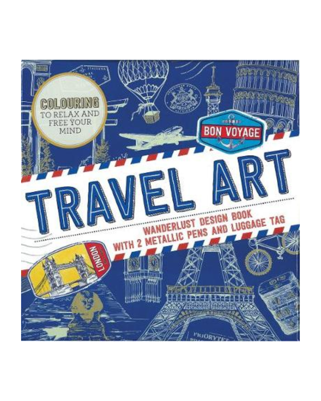 Travel Art: Wanderlust design book with 2 metallic pens and luggage tag