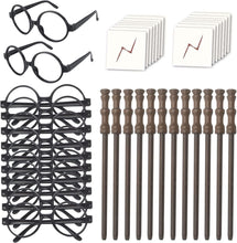 Load image into Gallery viewer, Harry Potter Glasses, Magic Wand, and Scar Tattoo Dress-Up Set (1 glasses and tattoo in each)